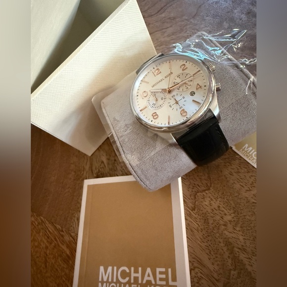 Michael Kors Merrick Black Leather and Stainless Steel Men’s Watch - Picture 1 of 10